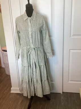 A SHIRT THING Long Sage Green Maxi Shirt Dress with Tie Waist M